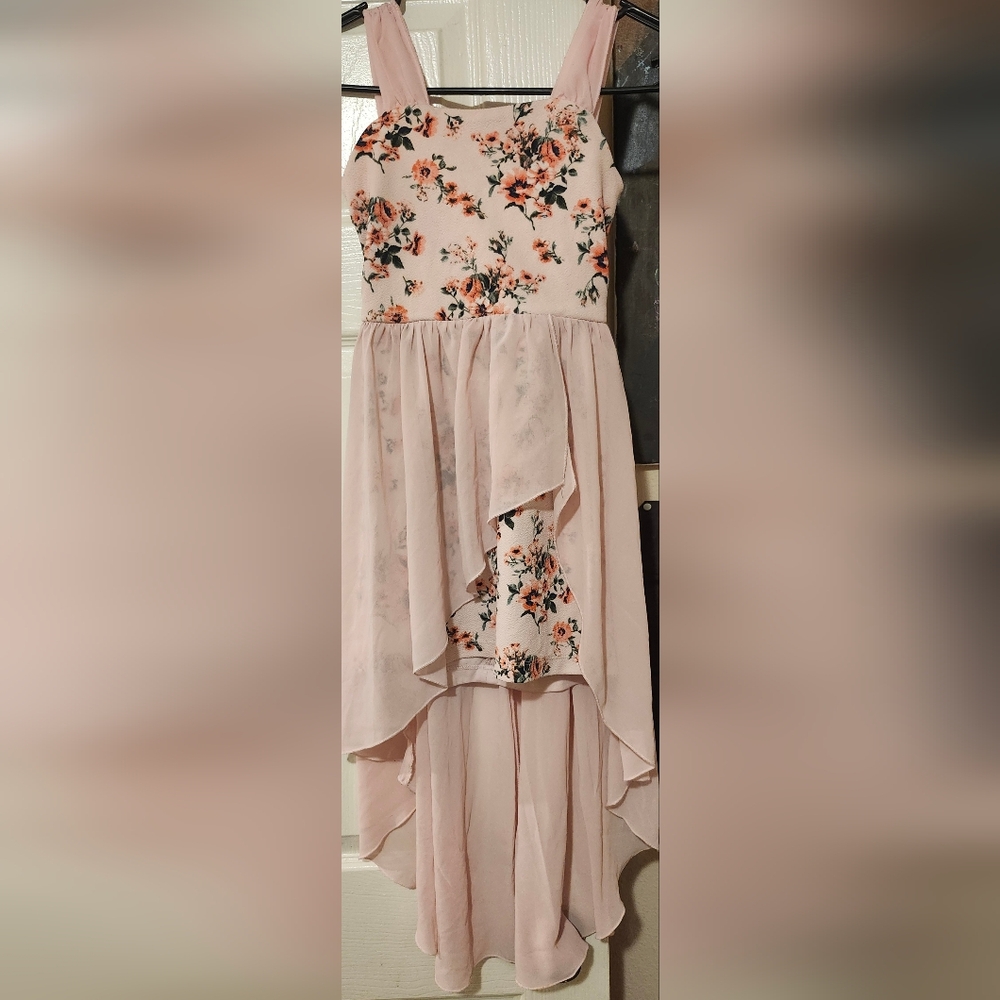 BCX Girl Sz 7 Pink Fully Lined Floral Dress w Gorgeous Asymmetrical Chiffon